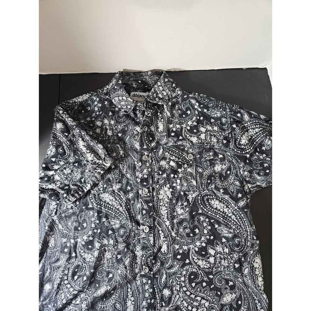 ABLANCHE New York Mens Shirt Small Short Sleeve Button Up Blue Bandana Print